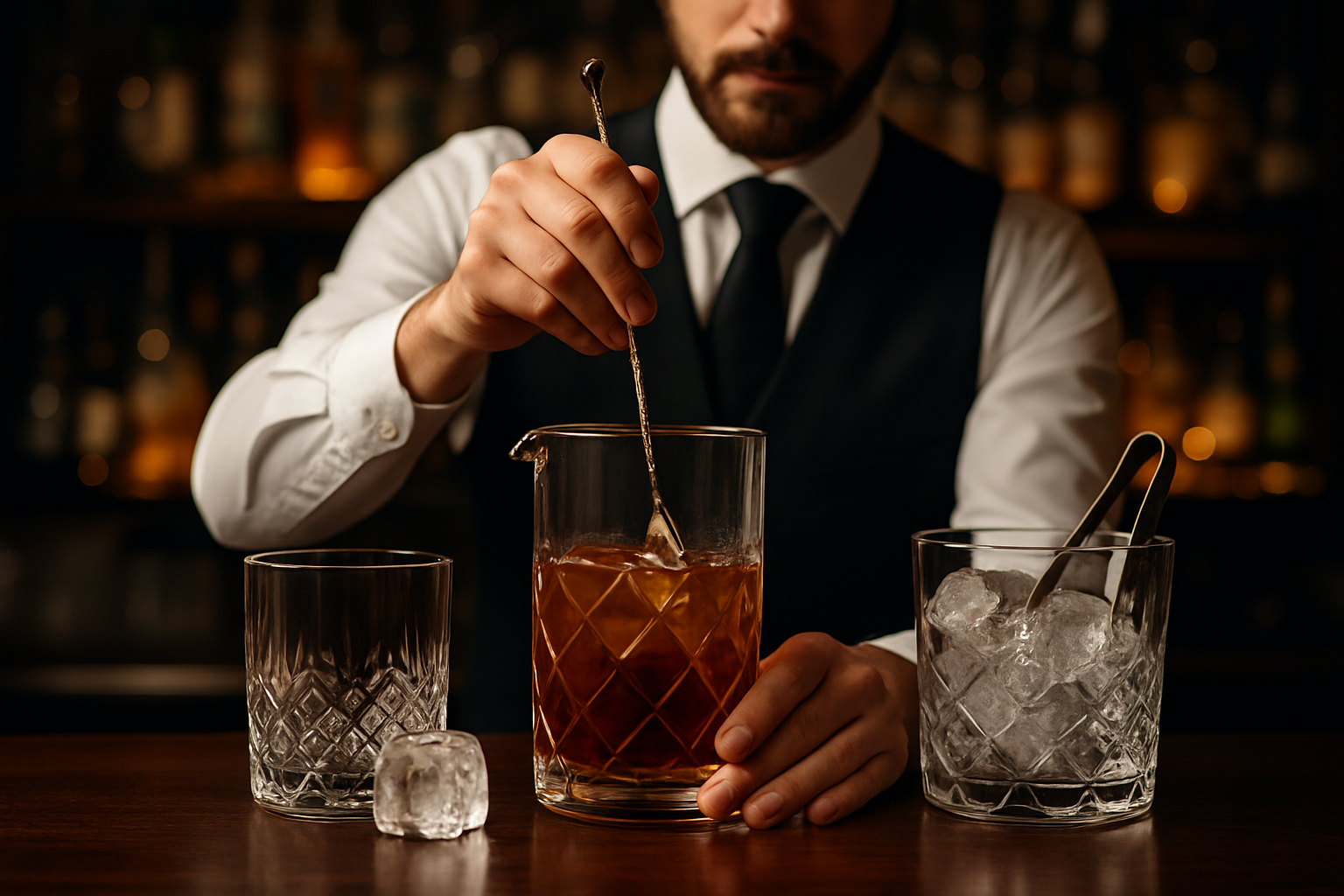 Bartender removiendo coctel en vaso mezclador con cucharilla
