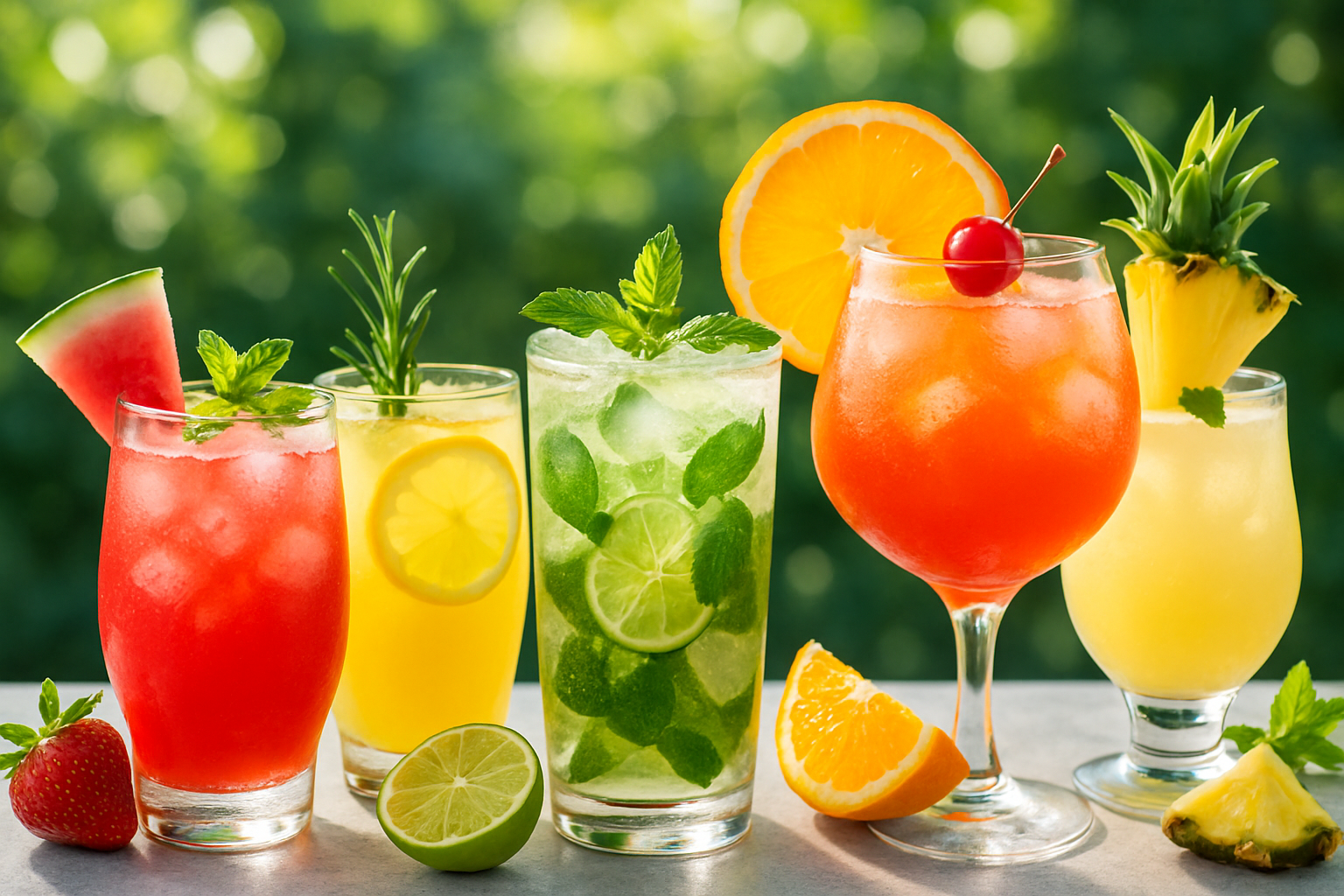 Coleccion de mocktails de verano coloridos con frutas frescas y hierbas