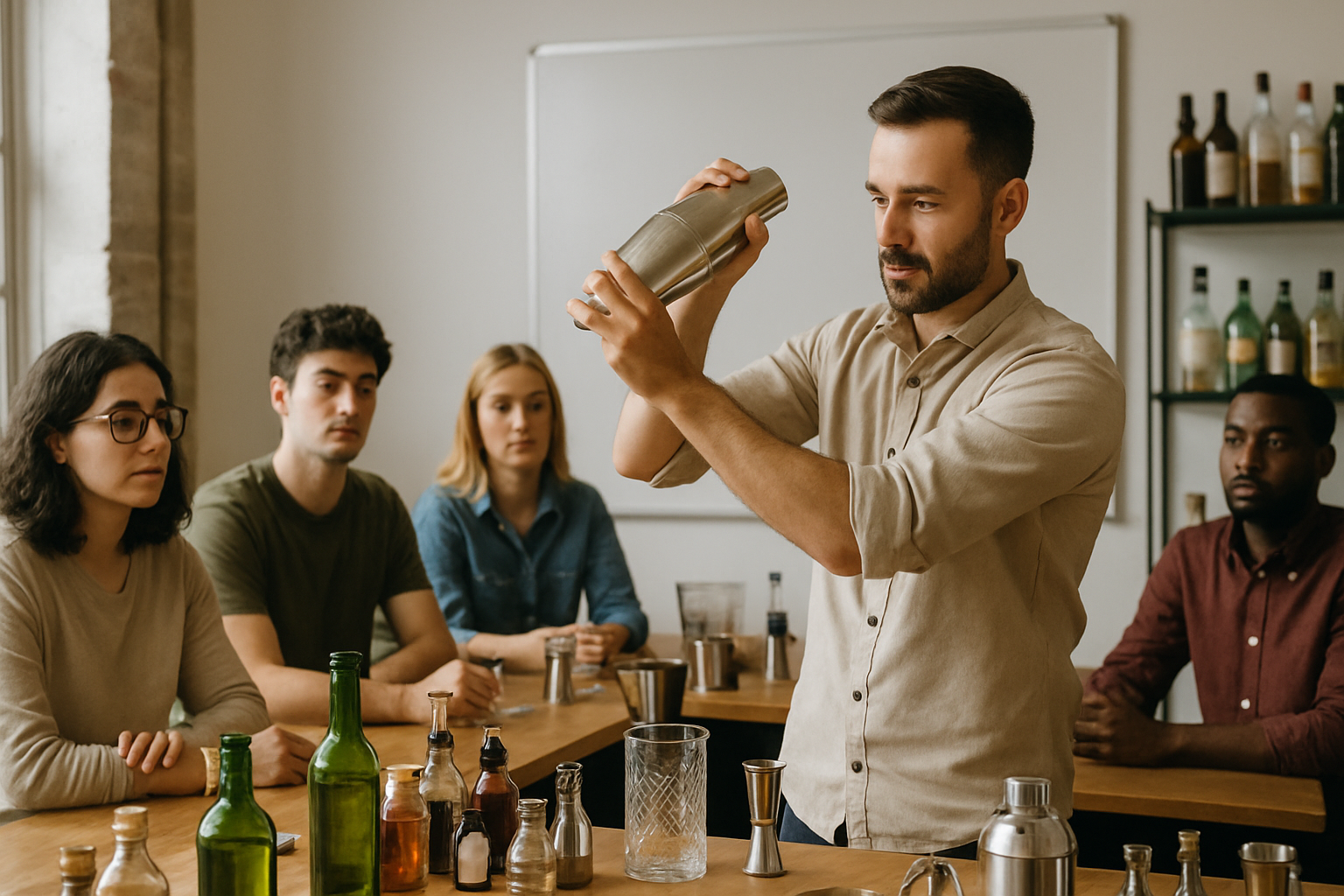 Taller de cocteleria con estudiantes aprendiendo tecnicas de mixologia