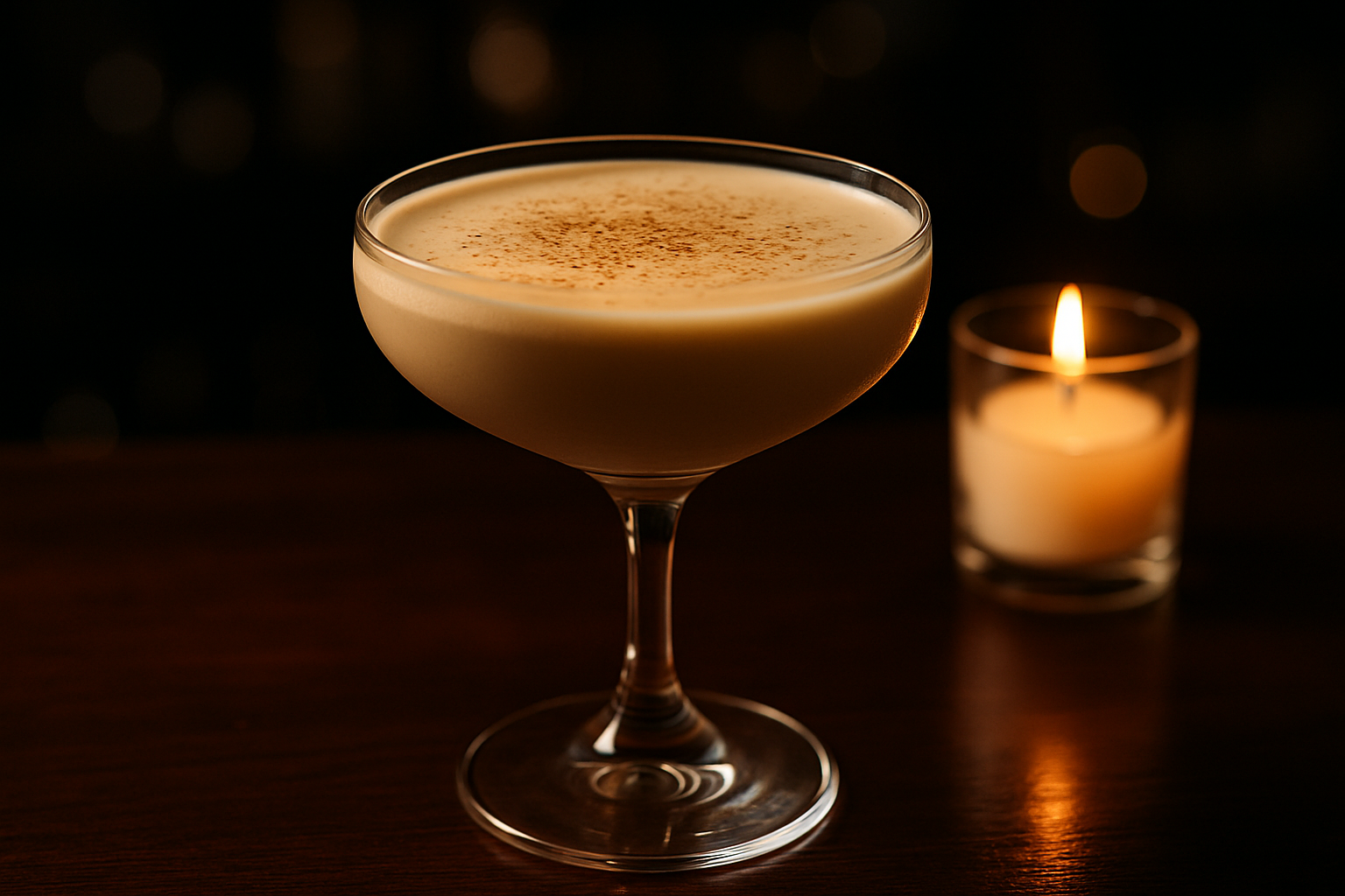 Brandy Alexander cremoso en copa coupe con nuez moscada rallada