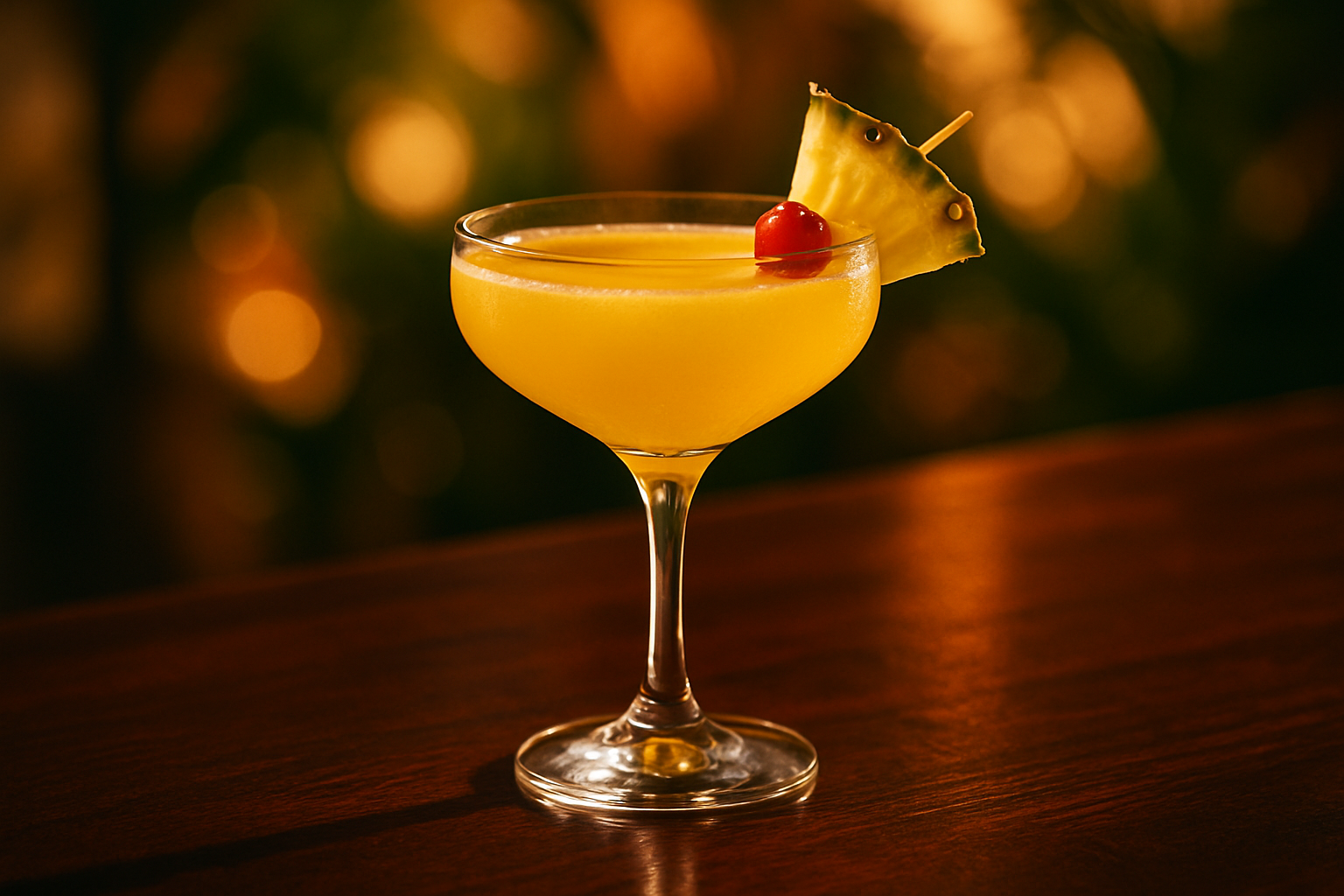 Yellow Bird cocktail tropical en copa coupe con piña y cereza