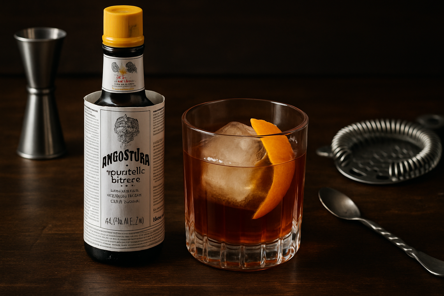 Botella de Angostura Bitters con Old Fashioned en barra oscura