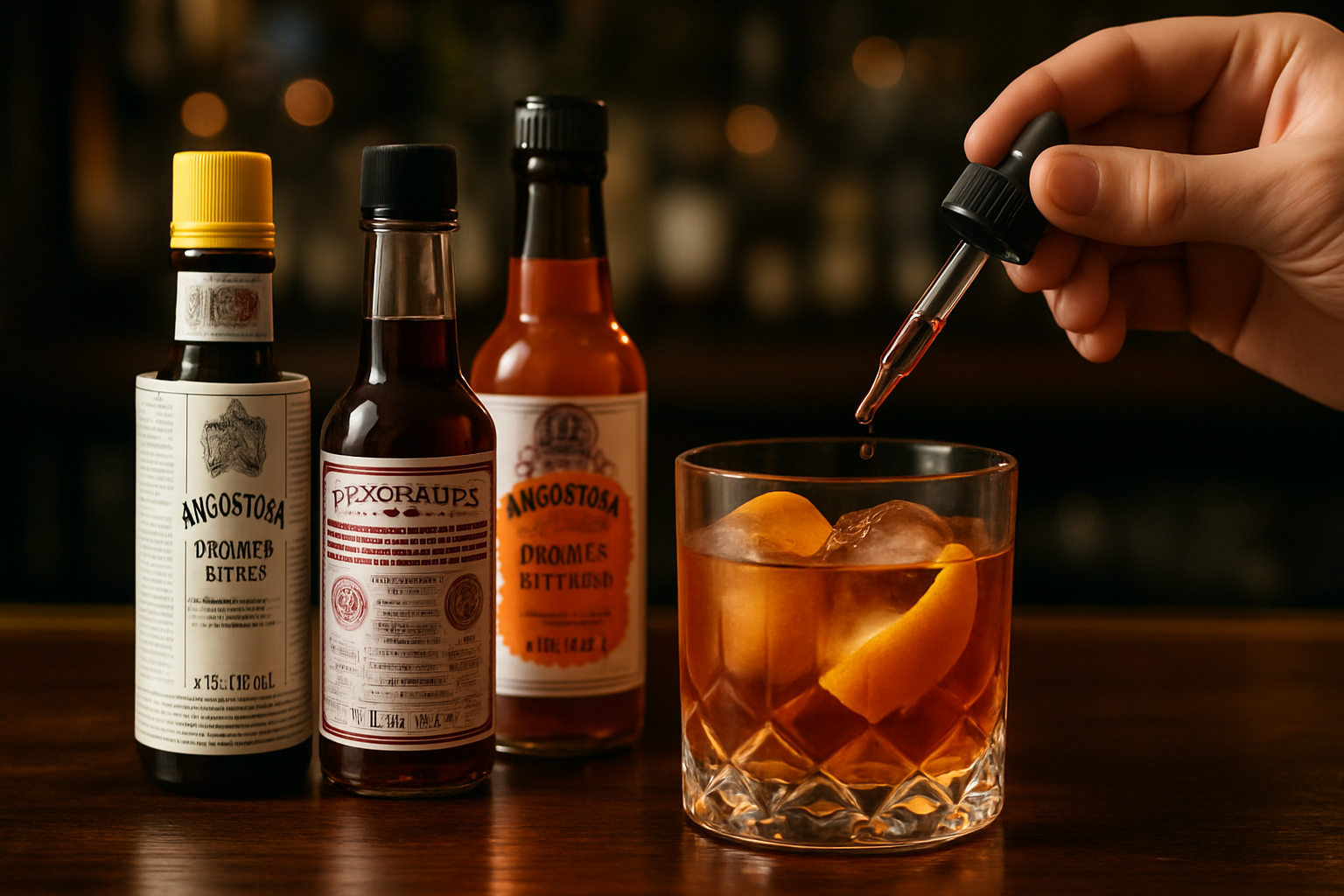 Coleccion de bitters amargos Angostura y Peychaud en barra