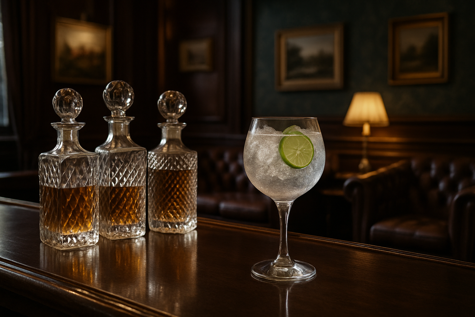 Bar britanico elegante con Gin Tonic y decoracion victoriana
