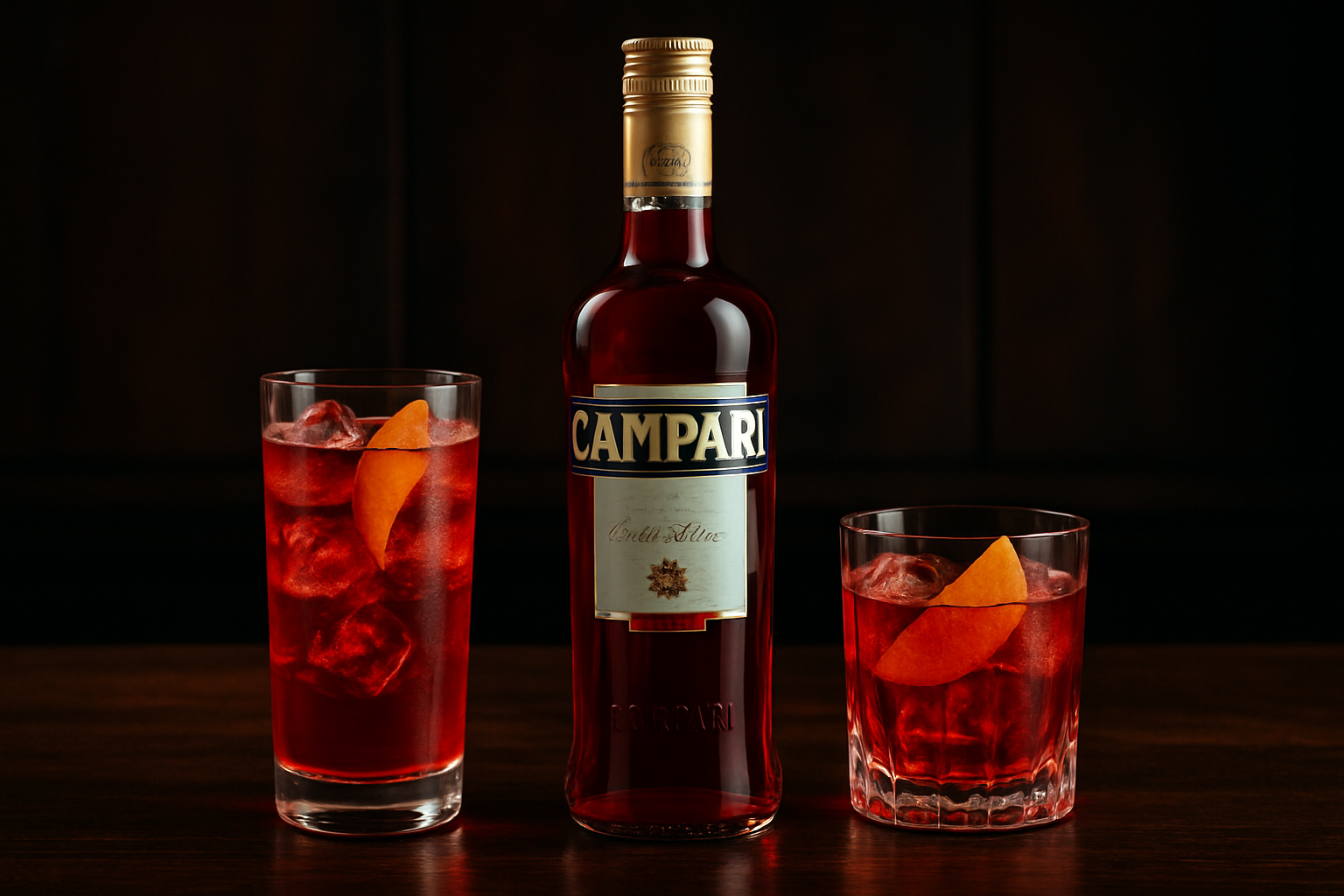 Campari botella con Negroni y Americano en barra italiana