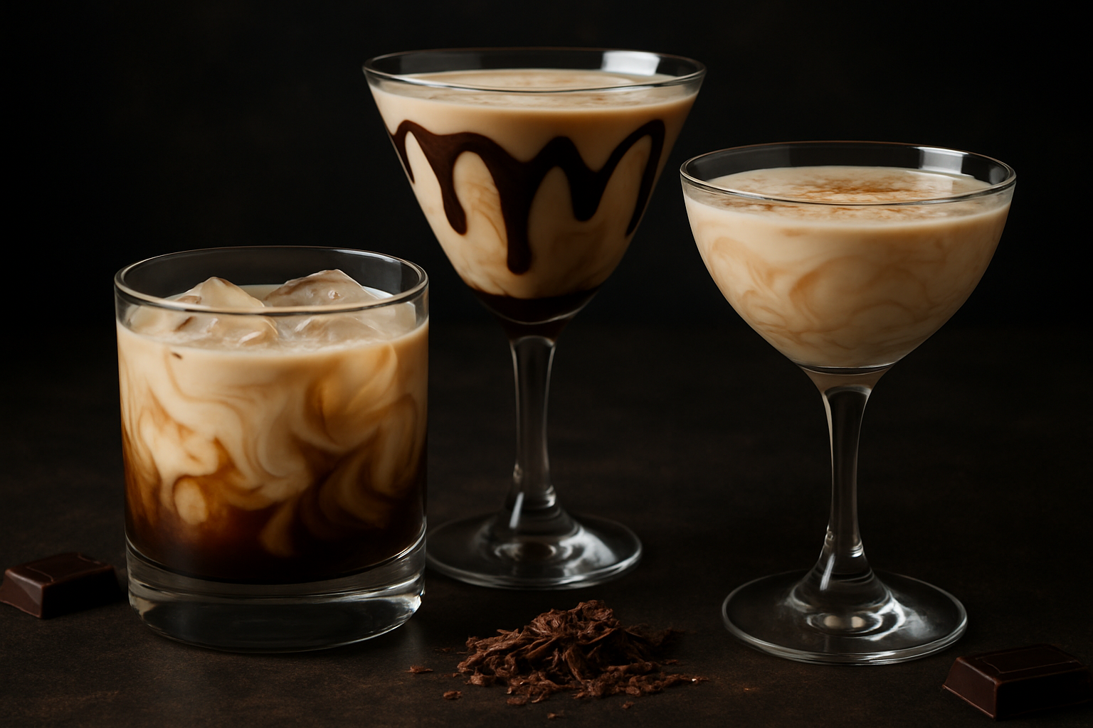 Cocteles cremosos White Russian Mudslide en copas elegantes