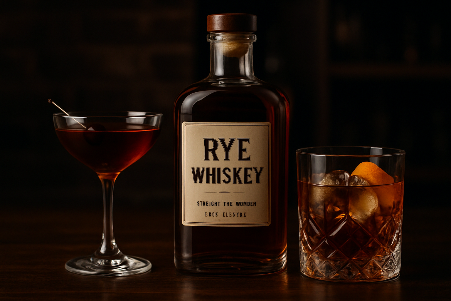 Rye whiskey botella con Manhattan y Vieux Carre en barra oscura