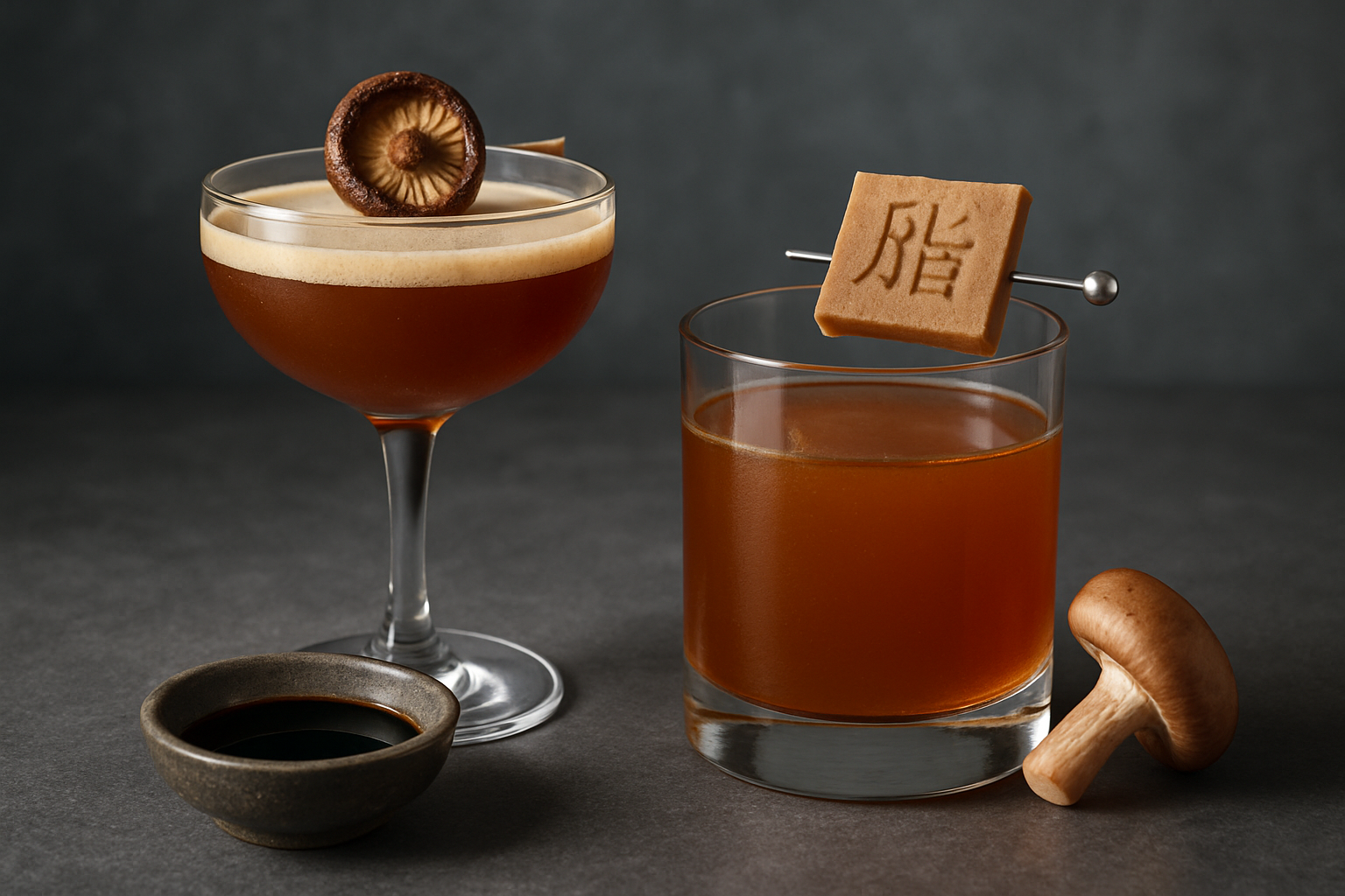 Cocteles sabrosos umami con ingredientes avant-garde modernos