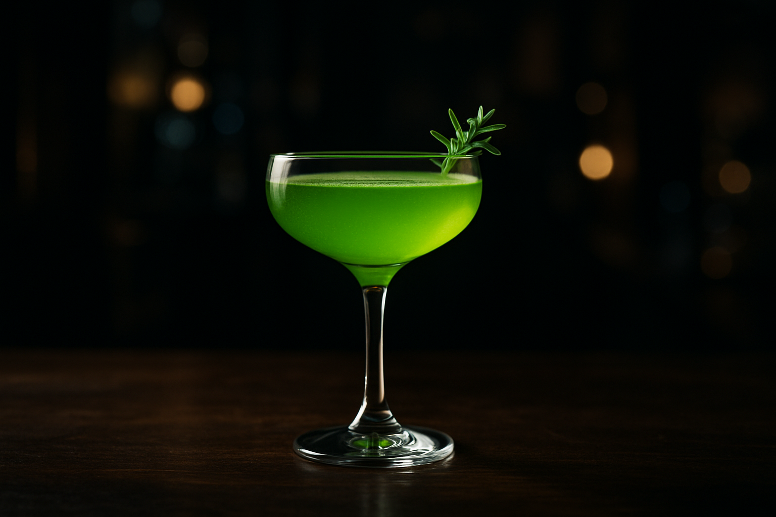 Botella de licor de Chartreuse verde junto a un cóctel