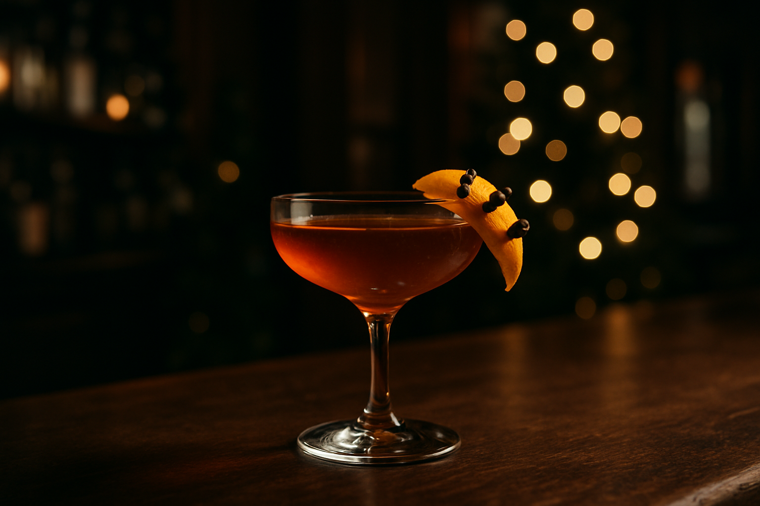 Cóctel navideño servido en un bar de Madrid en invierno