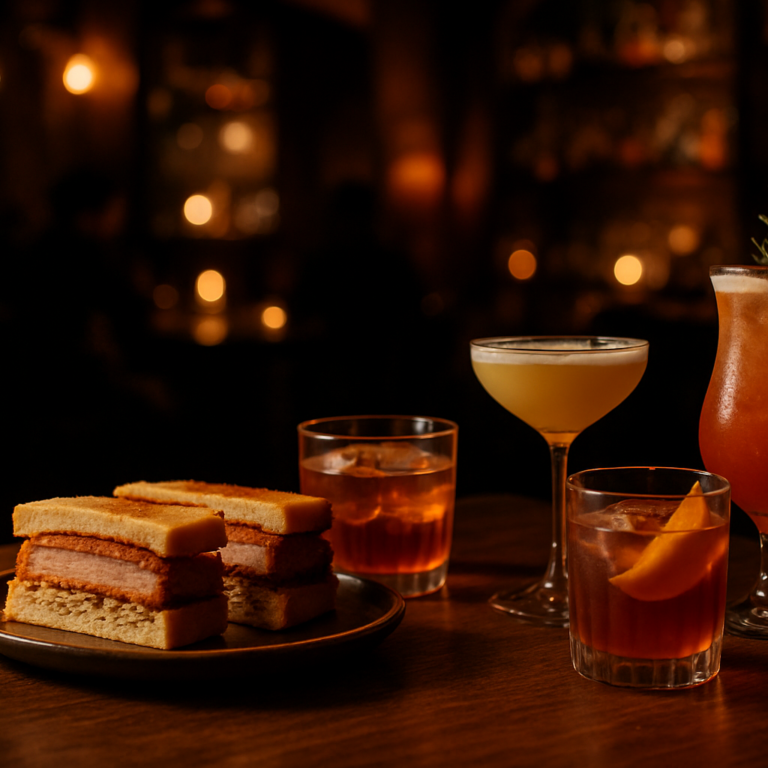 Aldea Cocktail Bar en El Born con cócteles y katsu sando