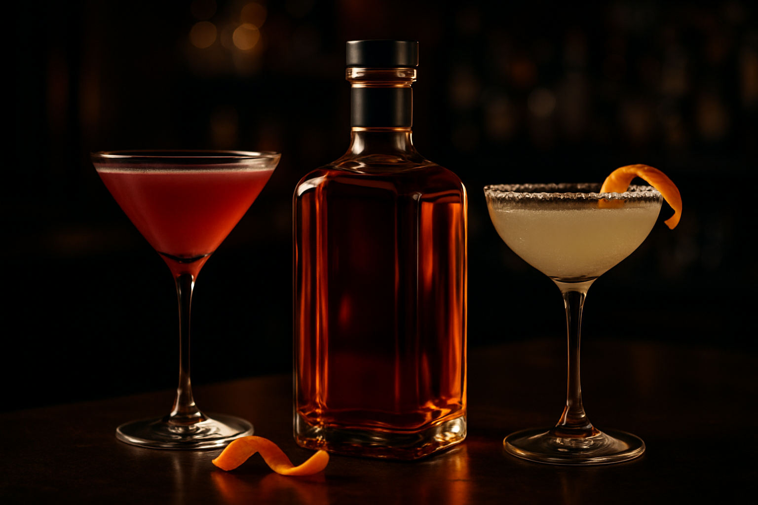 Licor de naranja con cócteles Cosmopolitan y Margarita