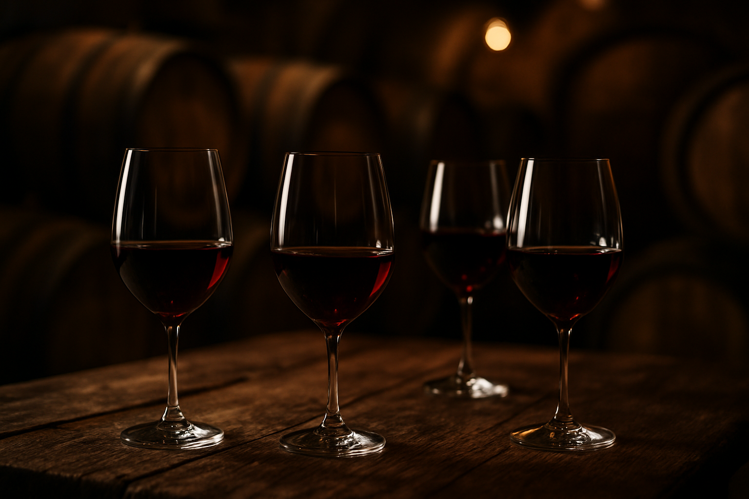 Copas de vino tinto en una bodega tradicional