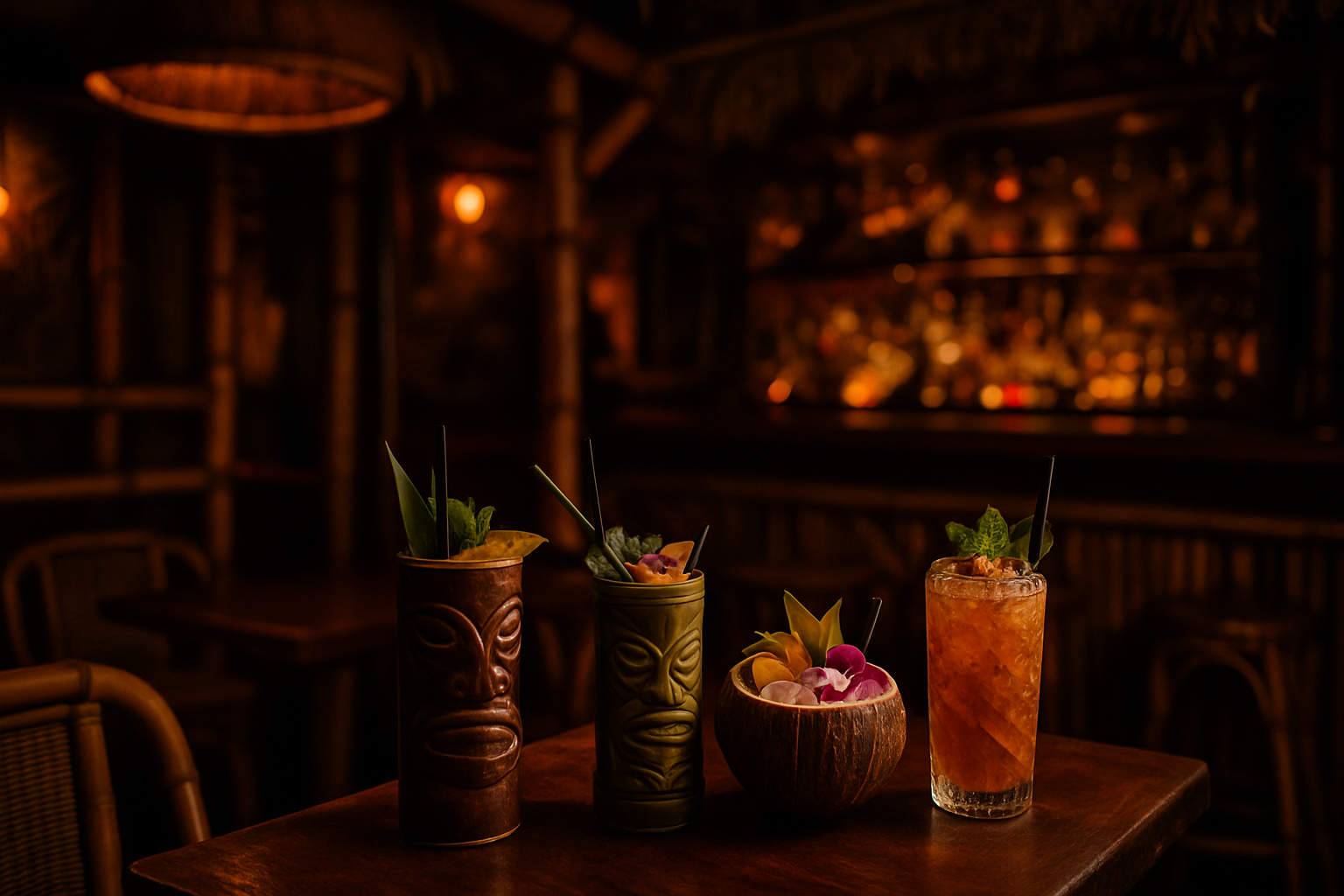 Interior de coctelería premiada con estética tiki en Granada