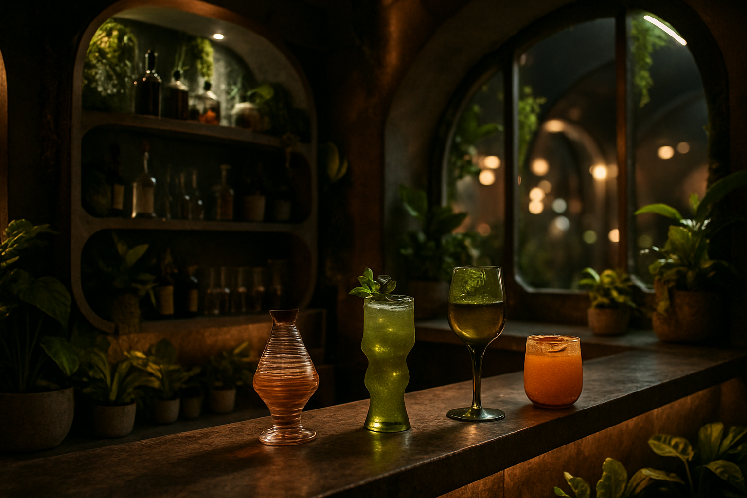 Bar de cóctel sostenible con plantas y materiales reciclados