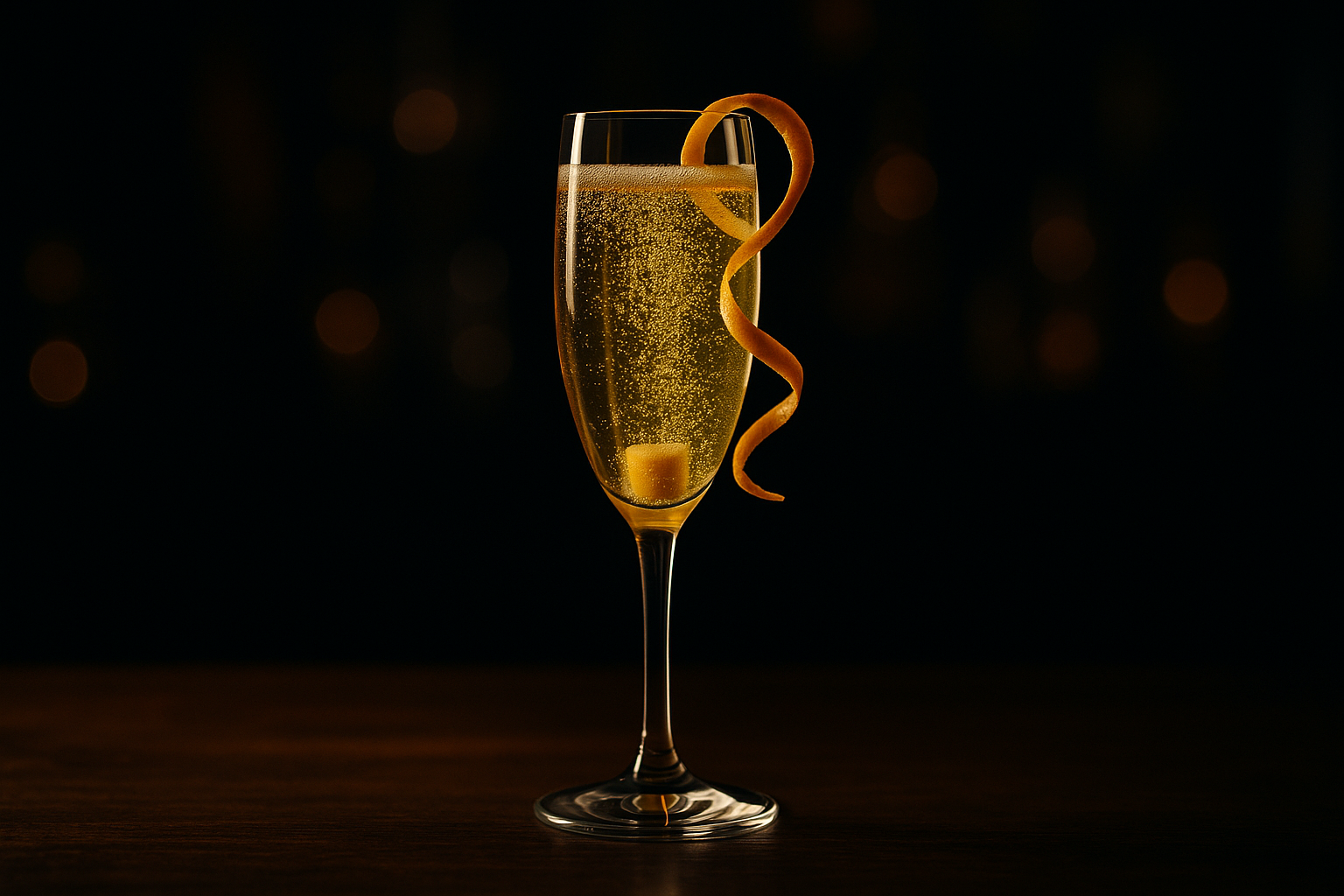 Champagne Cocktail con burbujas doradas en copa flauta, decorado con piel de naranja