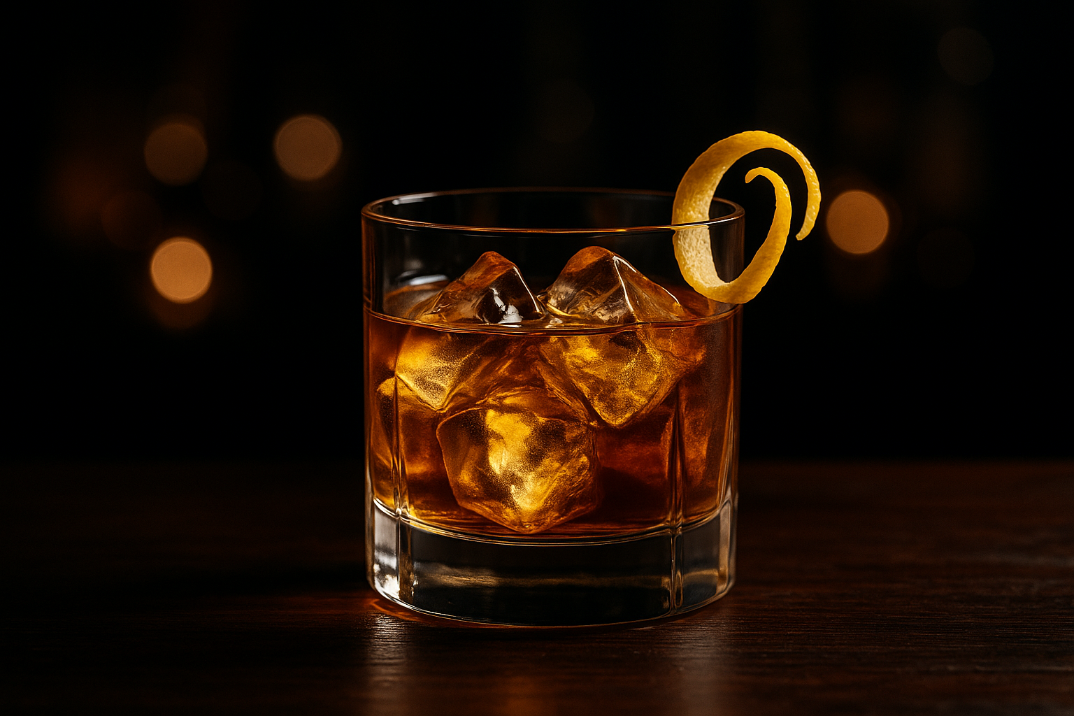Cóctel Rusty Nail dorado en vaso old fashioned con espiral de piel de limón