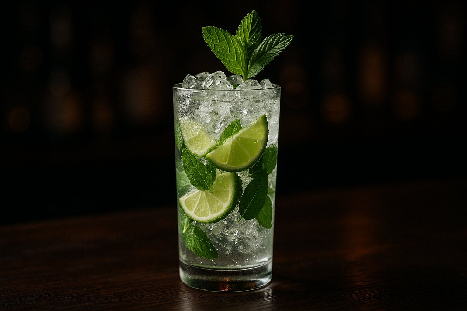 Mojito sin alcohol servido en vaso alto con hielo picado, menta fresca y lima
