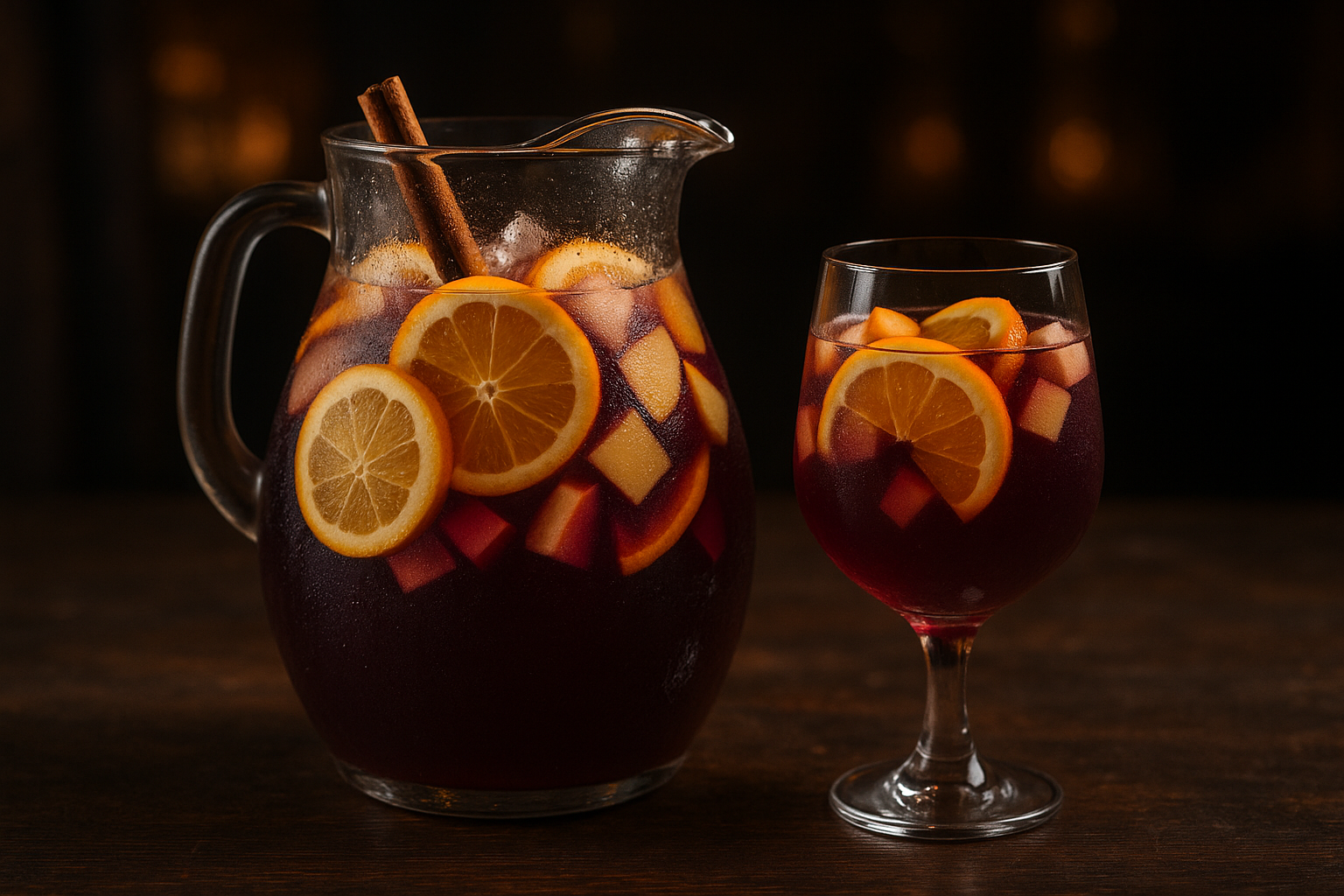 Sangría sin alcohol en jarra de cristal con naranja, limón, manzana y canela