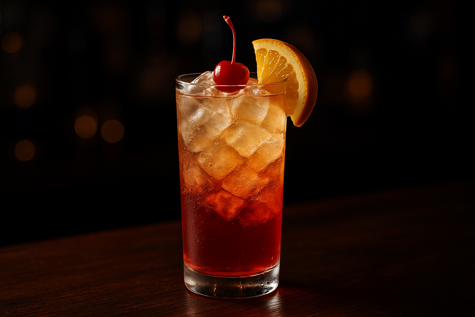 Shirley Temple servido en vaso alto con ginger ale, granadina y cereza al marrasquino
