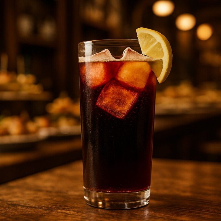 Kalimotxo servido en vaso alto con hielo y rodaja de limón en la barra de un bar de pintxos